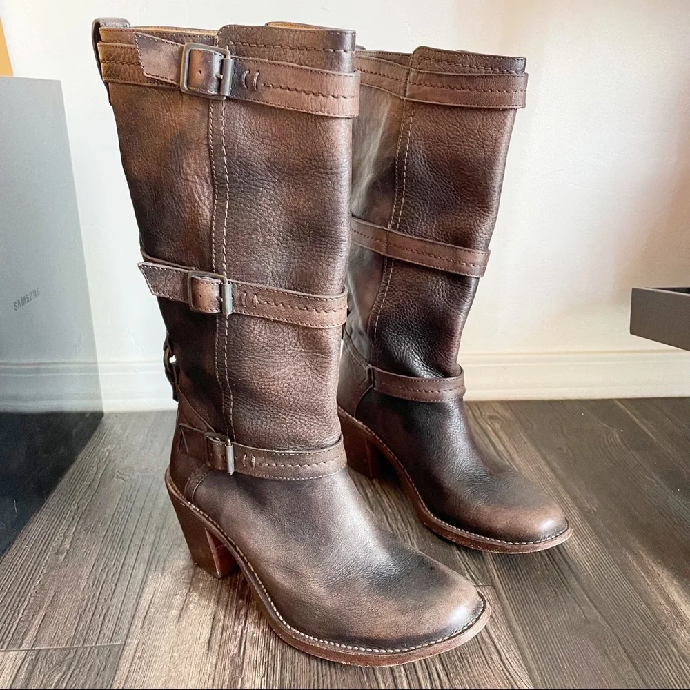 Frye Brown Leather Mid-Calf Buckle Boots - Picture 6 of 10